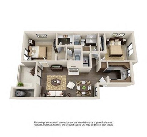 Floor plan for 2 beds, 2 baths, 950 sqft